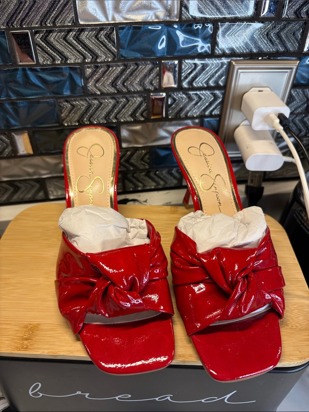 Jessica Simpson Red Patent Knot Mule Heels